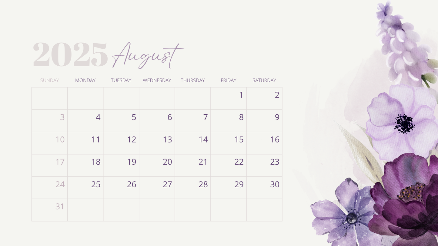 2025 Calendar Purple Flower