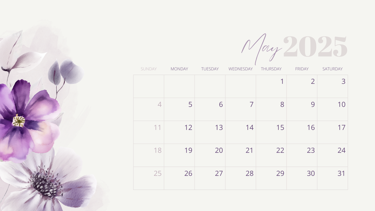 2025 Calendar Purple Flower