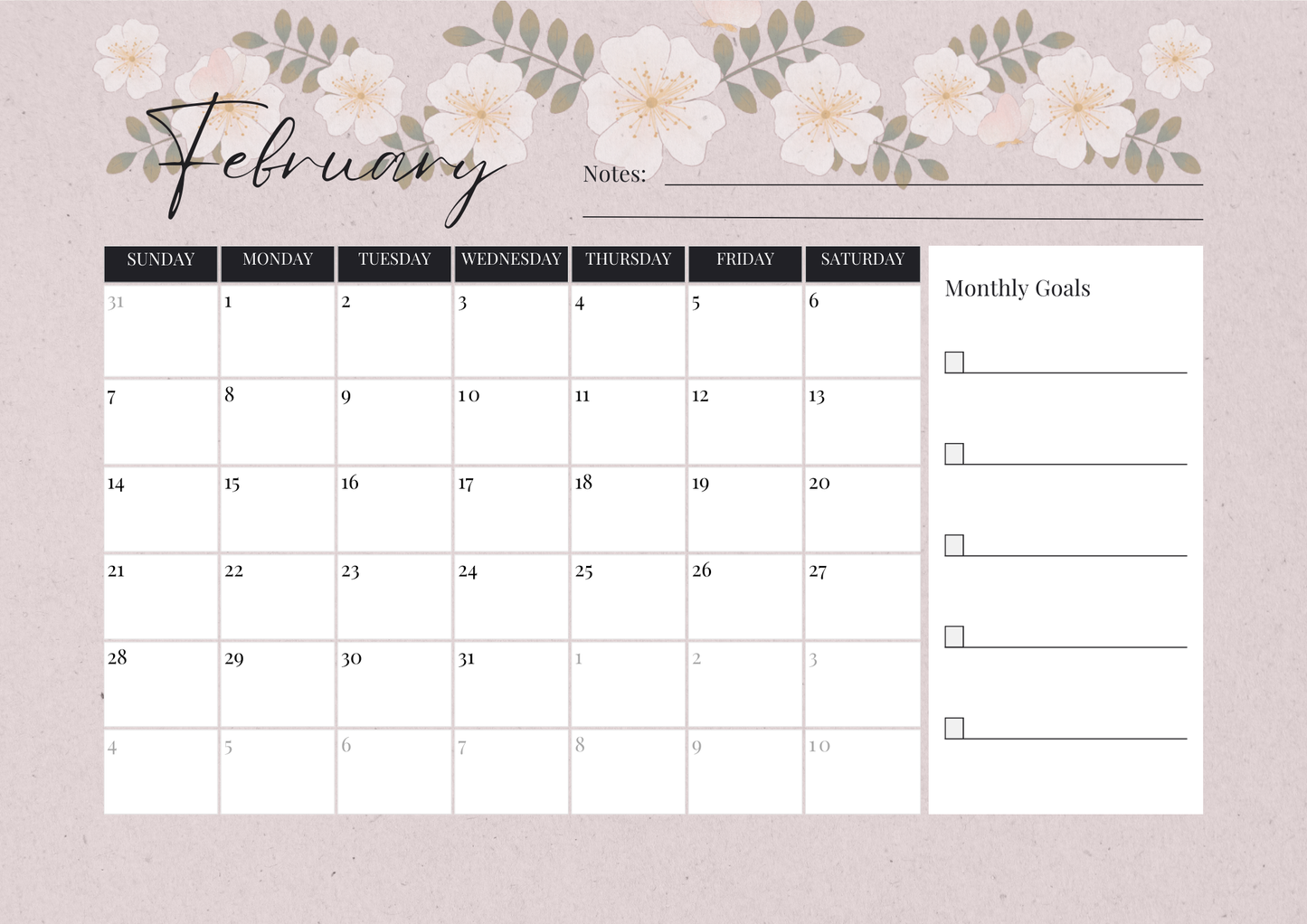 2025 Calendar Muted Pink