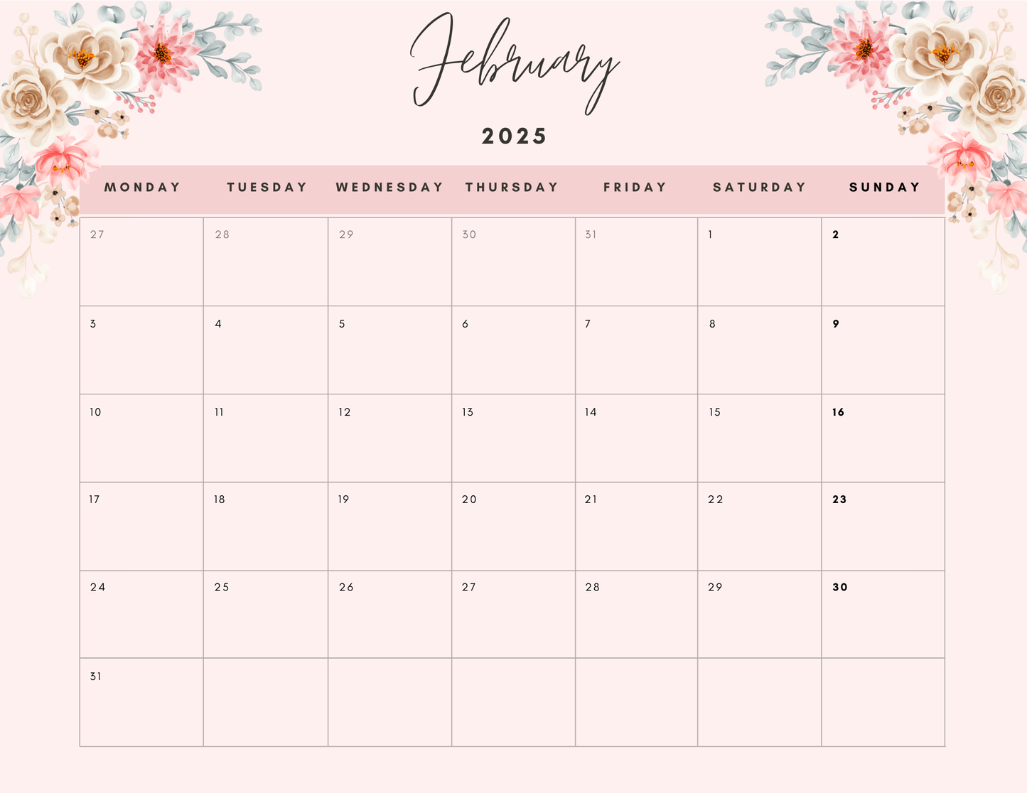 2025 Calendar Light Pink