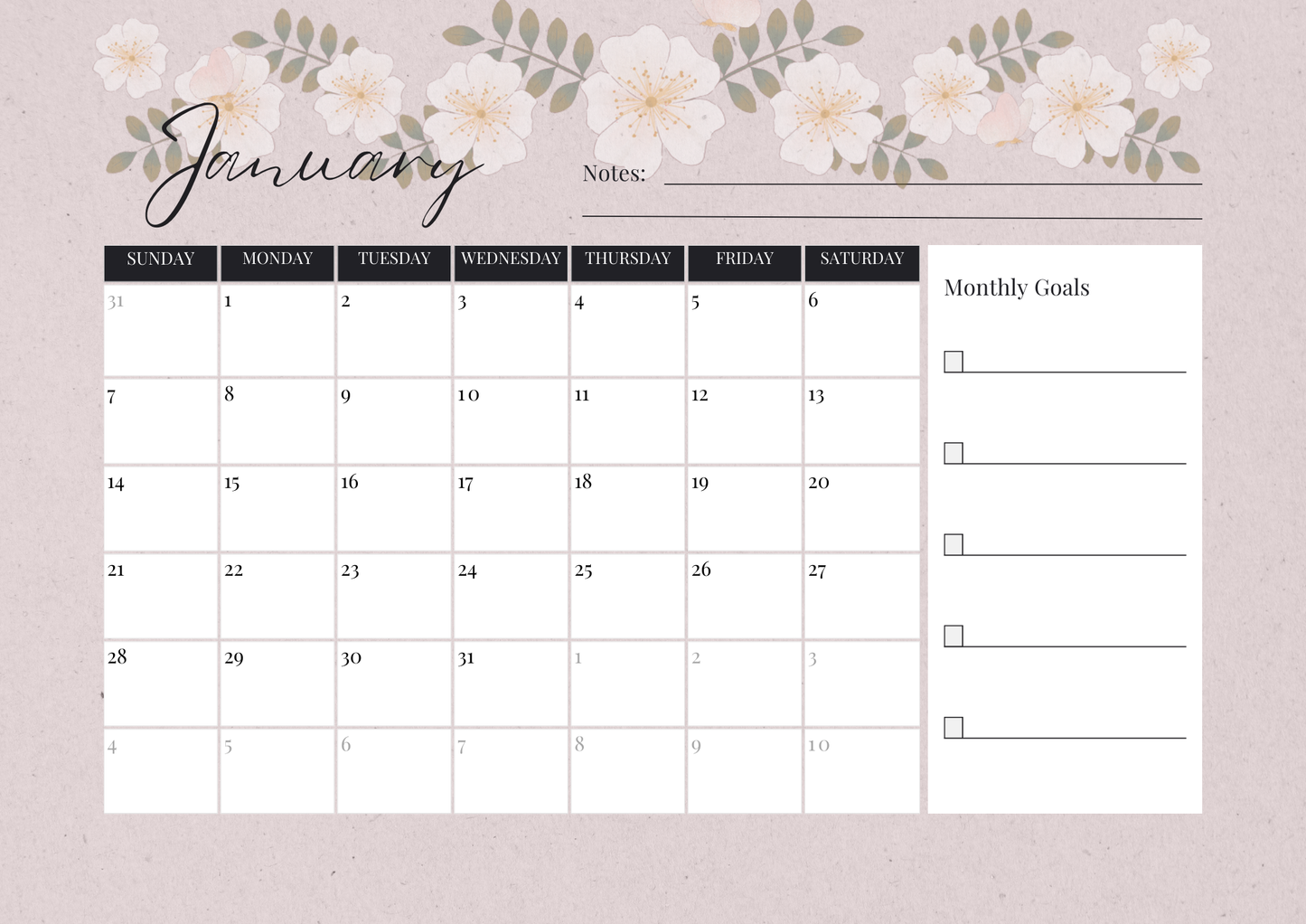 2025 Calendar Muted Pink