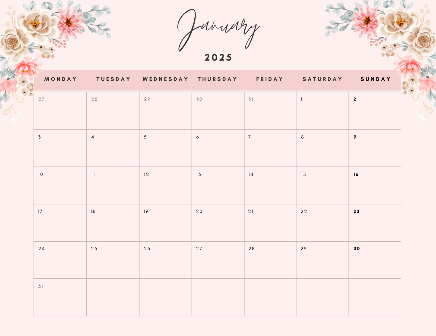 2025 Calendar Light Pink