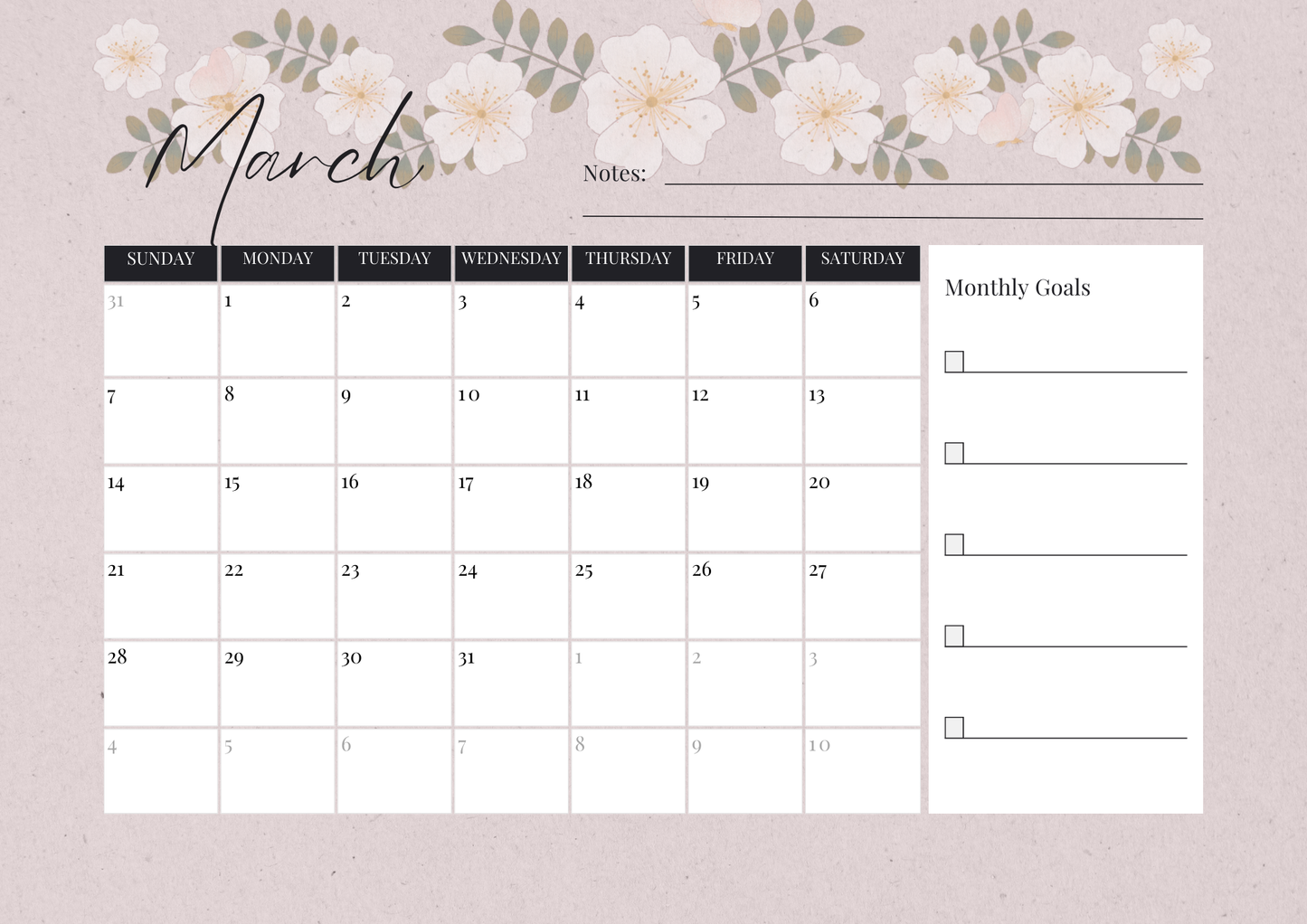 2025 Calendar Muted Pink