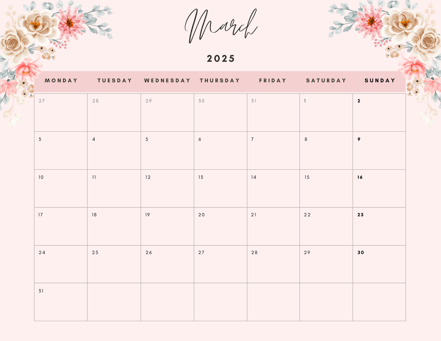 2025 Calendar Light Pink